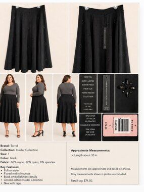 NWT Torrid Insider Collection Black Embellished Midi Skirt Size 1 (1X / 14-16)